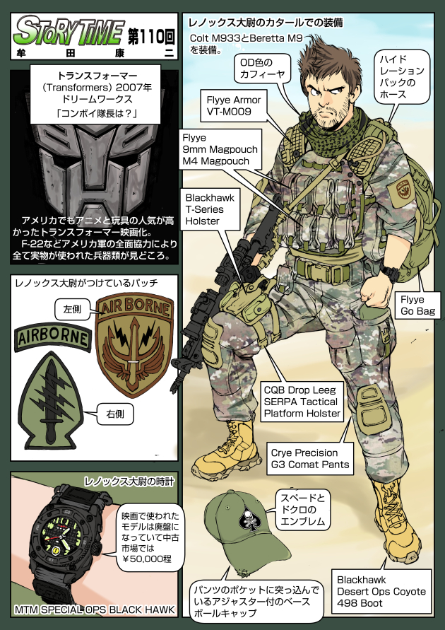 1boy, assault_rifle, autobot, autobot_symbol, beretta, beretta_92, beretta_92f, bulletproof_vest, carbine, colt's_manufacturing_company, colt_933, day, desert, english_text, gun, handgun, hat, japanese_text, military, military_uniform, muta_koji, outdoors, pistol, rifle, story_time_(muta_koji), transformers, transformers_(live_action), translation_request, united_states_army, watch, weapon, weapon_focus, weapon_name, weapon_profile, william_lennox