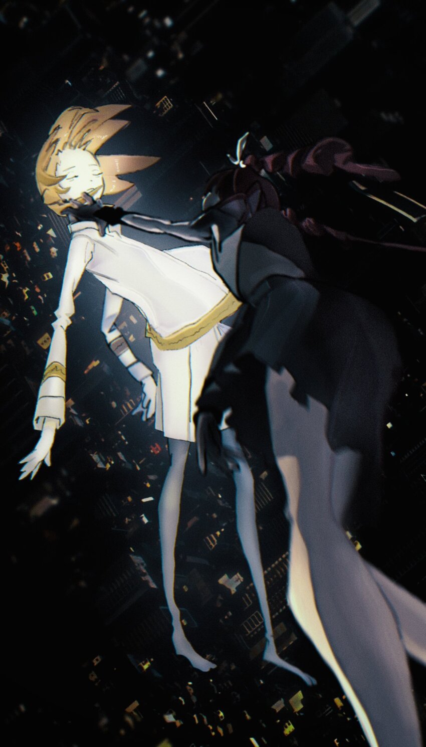 2girls, a.i._voice, adachi_rei, cityscape, closed_eyes, closed_mouth, commentary, drill_hair