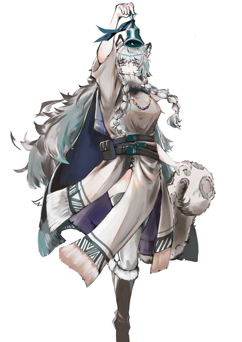 1girl, absurdres, animal_ear_fluff, animal_ears, arknights, arm_up, bell, belt, belt_pouch, bikini, boots, braid, brown_boots, cape, closed_mouth, expressionless, full_body, fur-trimmed_bikini, fur_trim, grey_eyes, grey_hair, grey_thighhighs, handbell, head_chain, highres, holding, holding_bell, jewelry, karaage-senpai, long_hair, looking_at_viewer, outstretched_arm, pouch, pramanix_(arknights), short_sleeves, simple_background, snow_leopard_ears, snow_leopard_girl, snow_leopard_tail, solo, spotted_tail, standing, swimsuit, tail, thighhighs, tibetan_clothes, twin_braids, very_long_hair, white_background, zettai_ryouiki