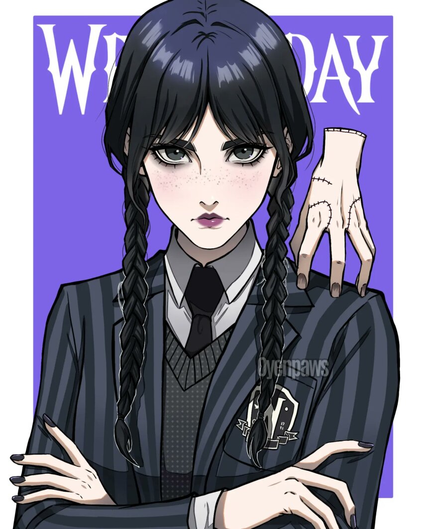 1girl, 1other, the_addams_family, black_eyes, black_hair, braid, crossed_arms, freckles