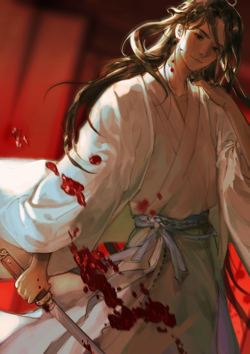 1boy, absurdres, blood, blood_on_clothes, blood_on_face, bloody_weapon, blurry, blurry_background