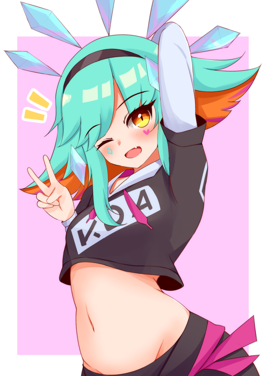 1girl, ;d, arms_up, ayatori_(aytr), black_hairband, blue_hair, commentary, crop_top, hairband, hand_up, highres, hood, hoodie, k/da_neeko, layered_sleeves, league_of_legends, long_hair, long_sleeves, looking_at_viewer, makeup, multicolored_hair, neeko_(league_of_legends), official_alternate_costume, official_alternate_hairstyle, one_eye_closed, open_mouth, orange_eyes, short_over_long_sleeves, short_sleeves, simple_background, smile, solo, stomach, teamfight_tactics, v