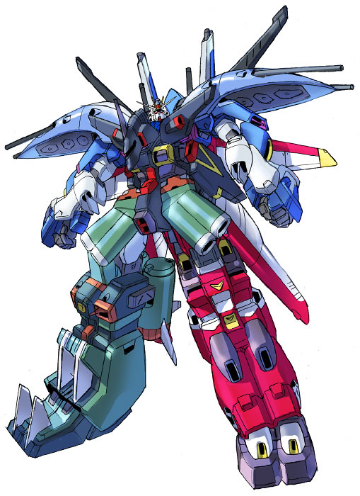 abyss_gundam, chaos_gundam, clenched_hands, full_body, funbolt, gaia_gundam, gattai, gundam