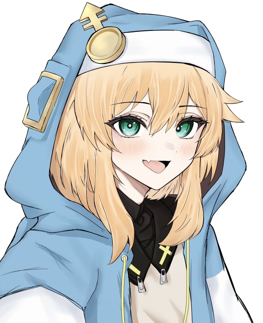 1boy, androgyne_symbol, blonde_hair, blush, bridget_(guilty_gear), fang, green_eyes, guilty_gear, guilty_gear_strive, habit, highres, hood, hood_up, hooded_jacket, hoodie, jacket, kamimiya_ramada, looking_at_viewer, male_focus, medium_hair, open_clothes, open_hoodie, skin_fang, smile, trap