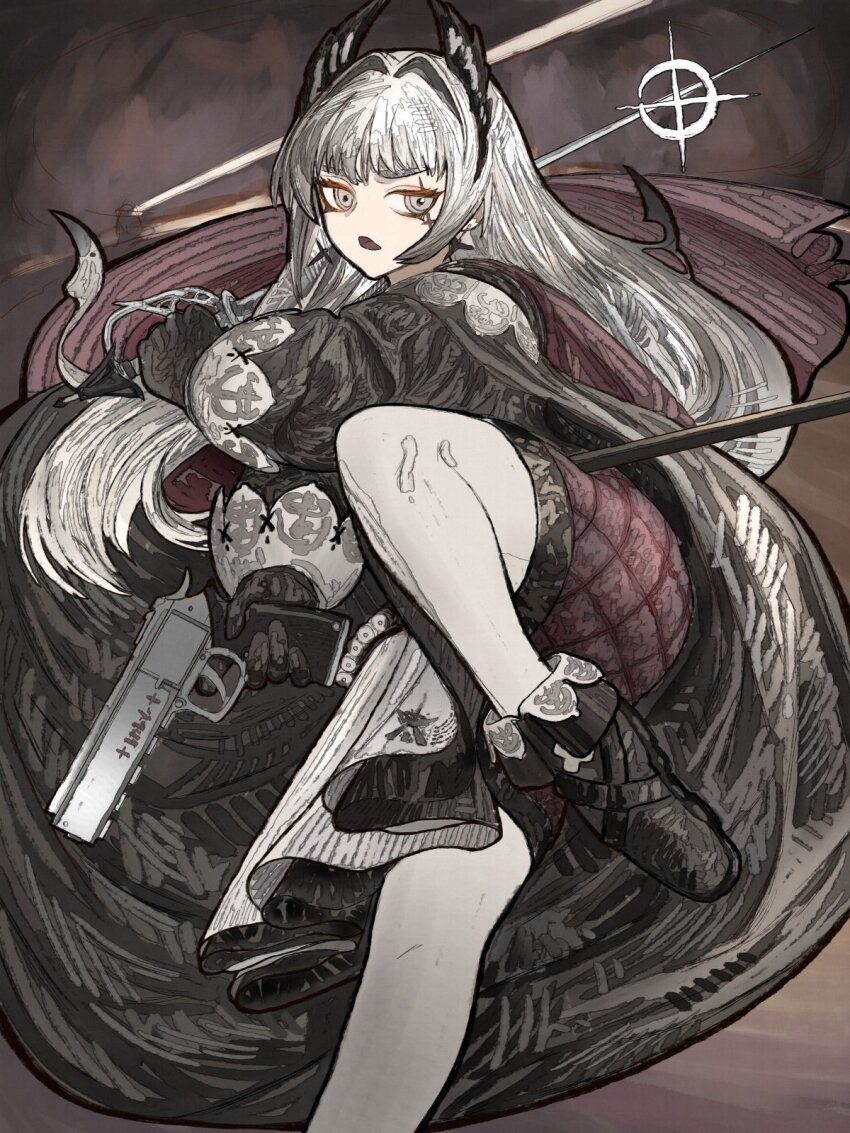 1girl, arknights, black_footwear, black_gloves, commentary, english_commentary, gloves, grey_eyes