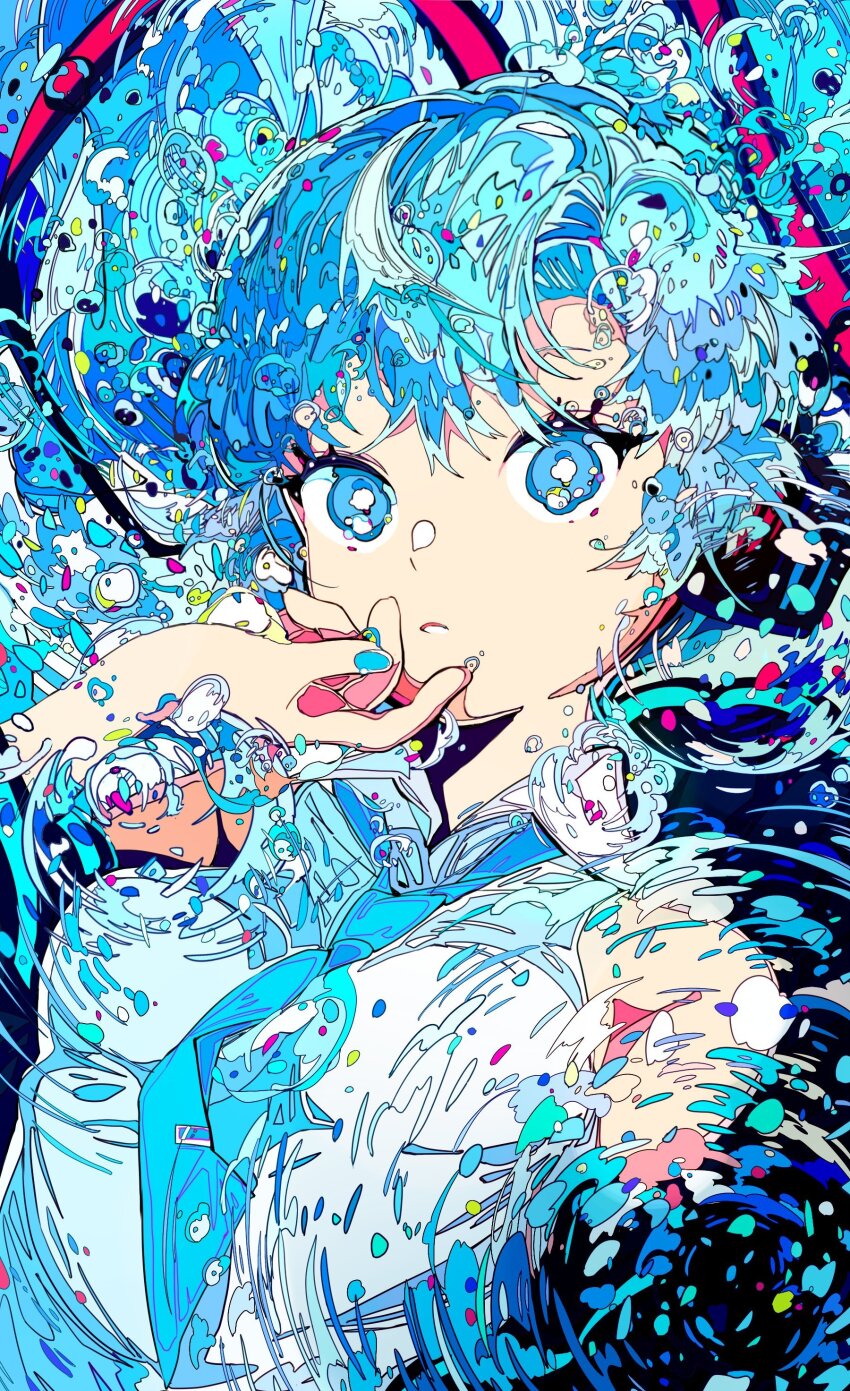 1girl, absurdly_detailed_composition, absurdres, aqua_hair, black_sleeves, blue_eyes, blue_necktie, breasts