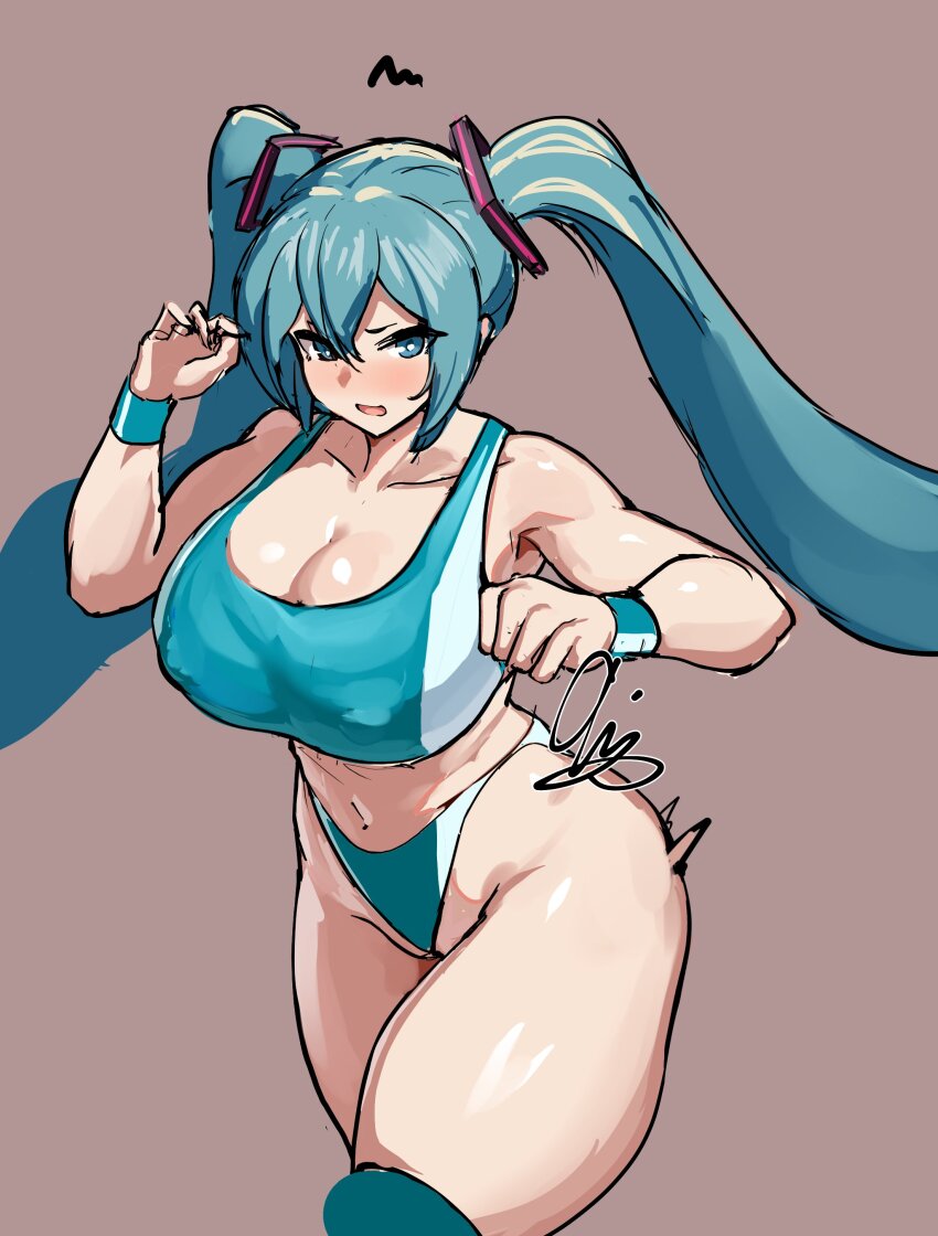 1girl, 9is, absurdres, alternate_breast_size_(larger), alternate_costume, aqua_eyes, aqua_hair, armpits