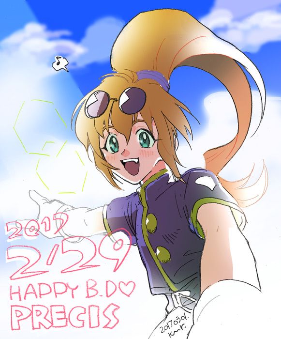 1girl, :d, brown_hair, cloud, dated, eyewear_on_head, gloves, green_eyes, happy_birthday, kanmi_(semesa), long_hair, looking_at_viewer, open_mouth, ponytail, precis_neumann, smile, solo, star_ocean, star_ocean:_the_second_story