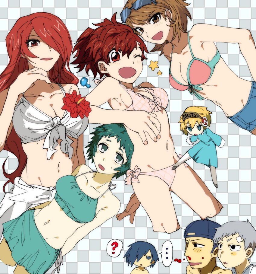 3boys, 5girls, :d, ;d, aigis_(persona), aroused_nosebleed, backwards_hat, baseball_cap, bikini, bikini_top_only, blonde_hair, blood, blue_dress, blue_eyes, blue_shorts, blush, bnna-0208, brown_hair, cropped_legs, dress, eyewear_on_head, flower, front-tie_bikini_top, front-tie_top, green_eyes, green_hair, grid_background, groin_tendon, hair_over_one_eye, hand_up, hat, hibiscus, highres, iori_junpei, kirijou_mitsuru, long_hair, looking_at_viewer, multiple_boys, multiple_girls, nosebleed, one_eye_closed, open_mouth, persona, persona_3, persona_3_portable, pink_bikini, ponytail, red_eyes, red_flower, red_hair, sanada_akihiko, sarong, shiomi_kotone, short_hair, shorts, side-tie_bikini_bottom, smile, star_(symbol), sunglasses, sweatdrop, swimsuit, takeba_yukari, white_background, white_bikini, white_sarong, yamagishi_fuuka, yuuki_makoto_(persona_3)