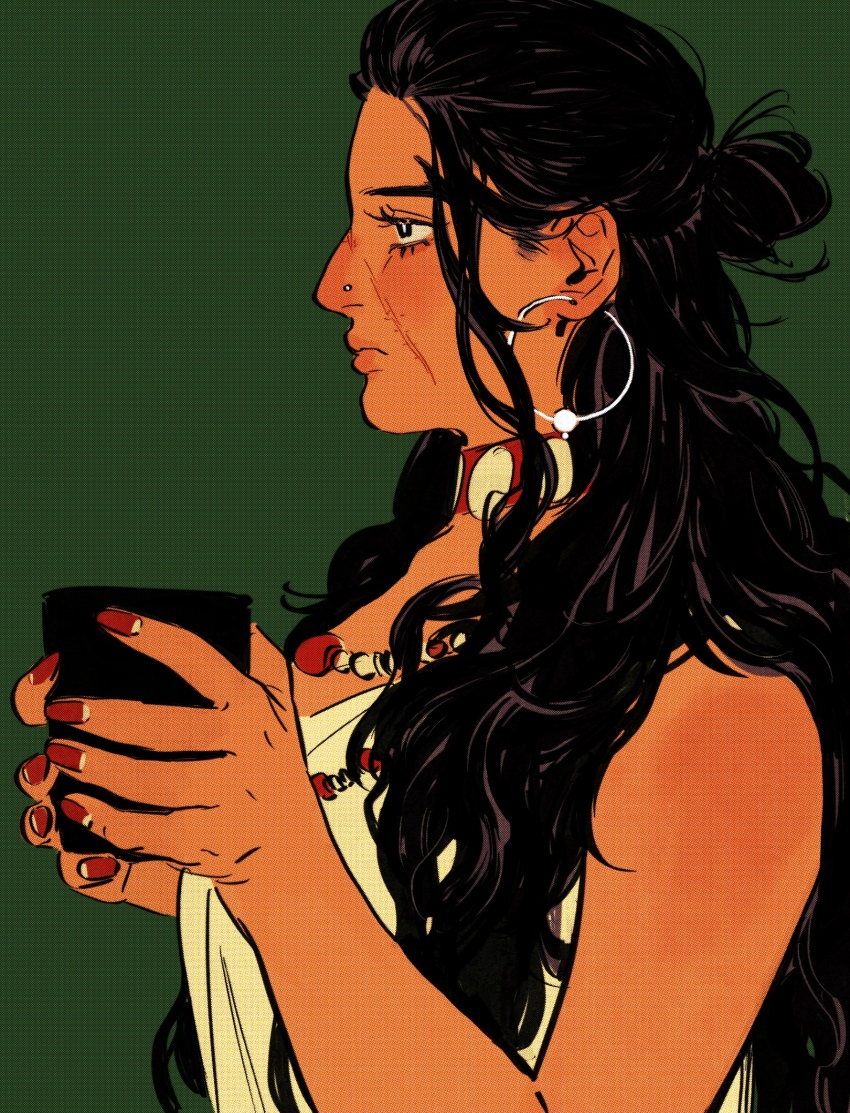 1girl, bead_necklace, beads, black_eyes, bright_pupils, chengongzi123, closed_mouth, cup, dark-skinned_female, dark_skin, earrings, face_piercing, genderswap, genderswap_(mtf), golden_kamuy, green_background, hair_bun, hands_up, highres, holding, holding_cup, hoop_earrings, jewelry, long_hair, looking_to_the_side, necklace, nose_piercing, piercing, red_nails, rikimatsu_ariko, scar, scar_on_face, simple_background, sleeveless, upper_body, very_long_hair, wavy_hair