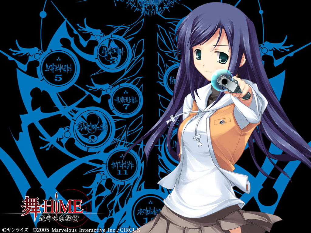 00s, 1girl, 2005, aiming, aiming_at_viewer, aqua_eyes, blue_hair, circus_(studio)