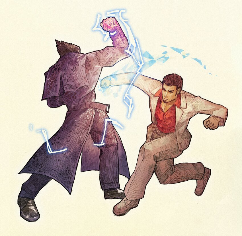 2boys, absurdres, crossover, electric_wind_god_fist, electricity, formal_clothes, gloves, highres