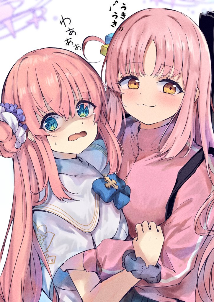 2girls, :3, @_@, alternate_costume, alternate_hairstyle, black_skirt, blue_archive, blue_eyes