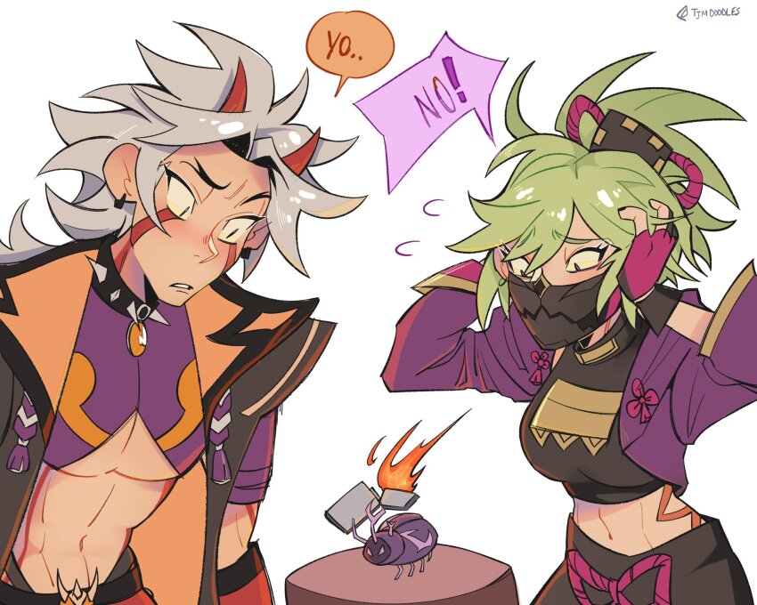 1boy, 1girl, arataki_itto, artist_name, belt, black_belt, black_collar, black_eyes