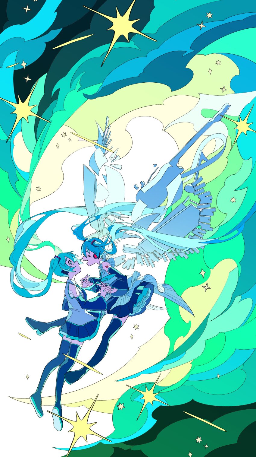 2girls, absurdres, alternate_costume, aqua_eyes, aqua_hair, aqua_nails, black_footwear, black_skirt