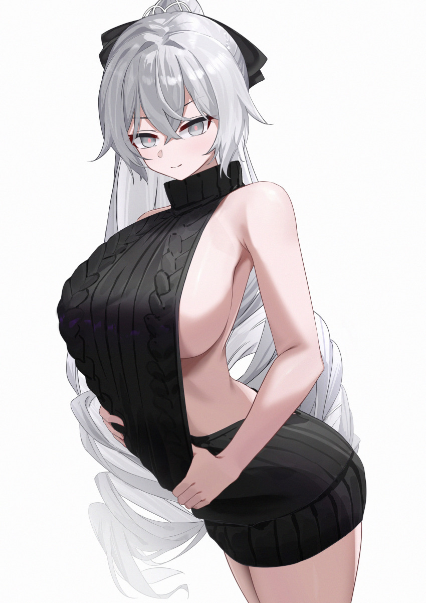 1girl, absurdres, armpits, black_bow, black_sweater, blush, bow, bronya_zaychik