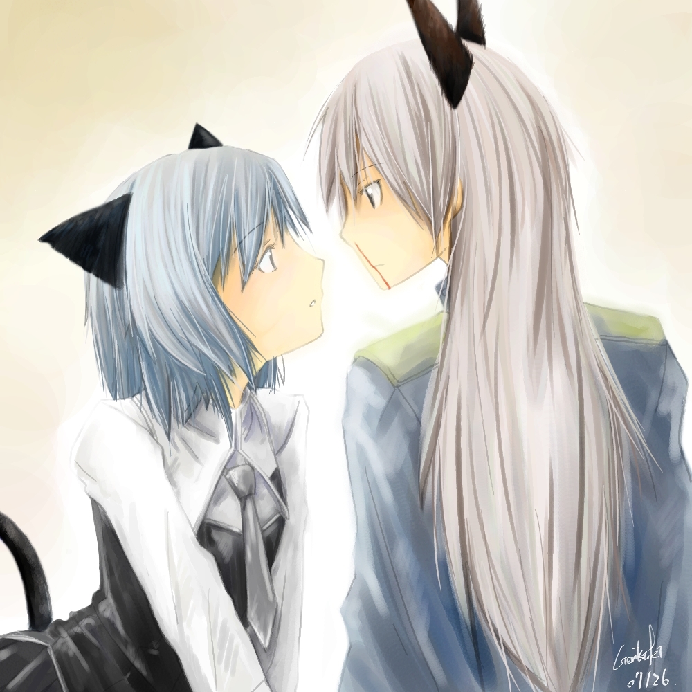 2girls, animal_ears, blonde_hair, blood, couple, eila_ilmatar_juutilainen, eye_contact, kanako_(gentsuki)