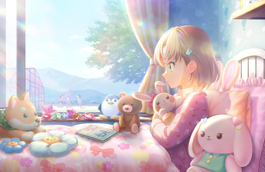 4girls, aged_down, animal_print, ball, child, cold_pack, green_eyes, highres, hinoshita_kaho, hinoshita_kaho_(young), hugging_doll, hugging_object, indoors, lens_flare, link!_like!_love_live!, long_sleeves, looking_outside, love_live!, mountain, multiple_girls, official_art, on_bed, orange_hair, origami, pajamas, pink_pajamas, pout, rabbit_print, sad, short_hair, sick, side_ahoge, sitting, solo_focus, stuffed_animal, stuffed_flower, stuffed_fox, stuffed_penguin, stuffed_rabbit, stuffed_toy, teddy_bear, third-party_source, tree, under_covers, window