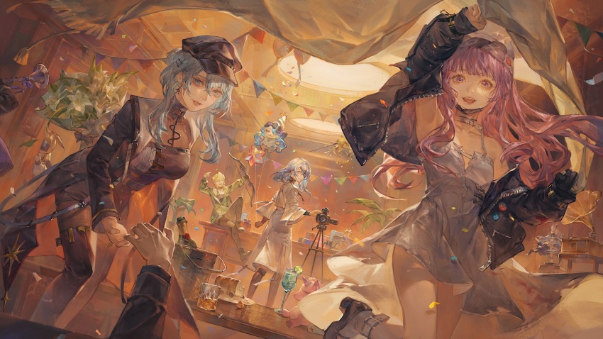 1other, 6+girls, absurdres, aegyo_sal, ankle_belt, aqua_eyes, aqua_hair, arrow_(projectile)