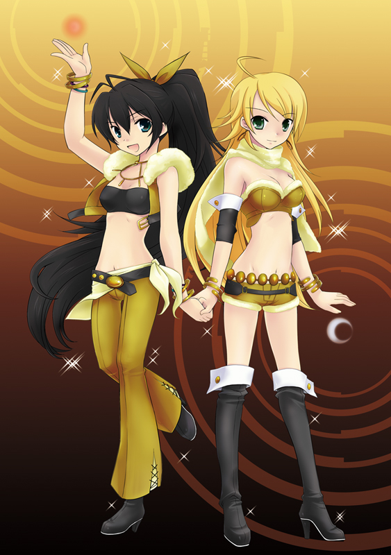 2girls, arm_up, bad_id, bad_pixiv_id, boots, bracelet, breasts, cleavage