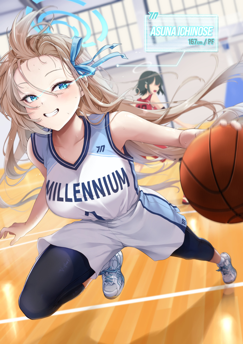 2girls, asuna_(blue_archive), ball, basketball, basketball_(object), basketball_court, basketball_hoop, basketball_jersey