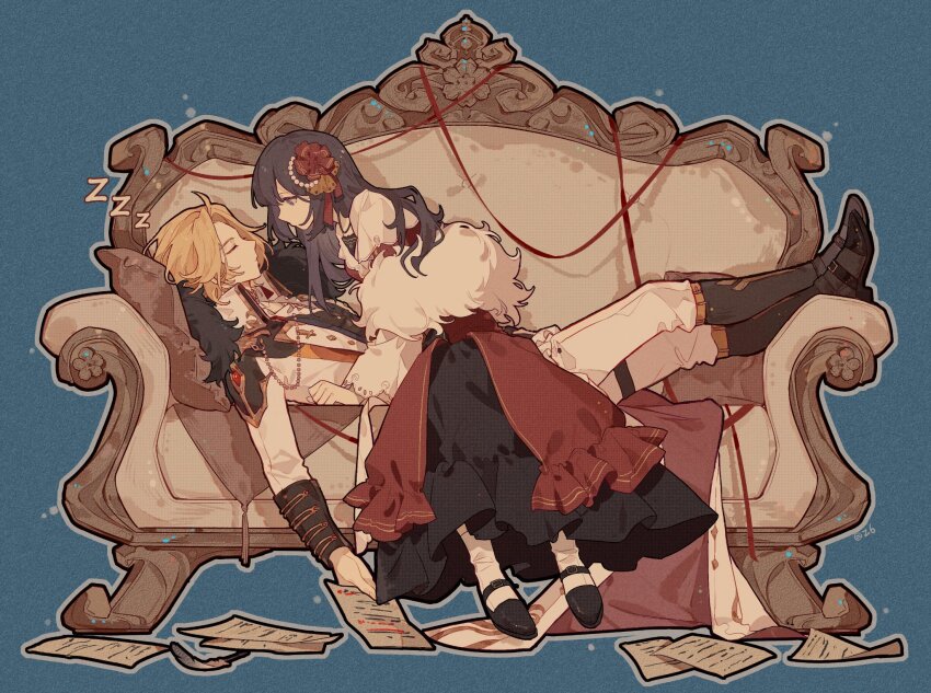 1boy, 1girl, ascot, beads, belt, belt_buckle, bishounen, black_belt