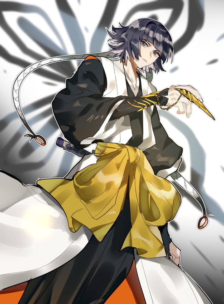1girl, absurdres, belt, black_hair, black_kimono, bleach, blunt_bangs, closed_mouth, cowboy_shot, hair_ornament, hand_up, haori, highres, japanese_clothes, katana, kimono, looking_at_viewer, looking_down, purple_eyes, sleeveless_haori, solo, standing, sui-feng, sword, weapon, white_background, white_haori, xi_luo_an_ya, yellow_belt