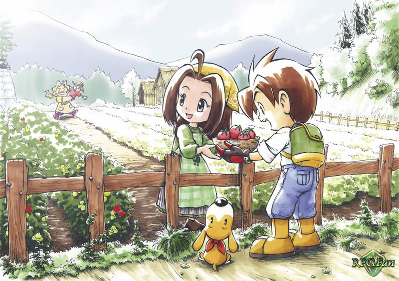 2girls, harvest_moon, jack_(harvest_moon), multiple_girls, official_art, sepiria_(bokujou_monogatari), tagme, vesta_(harvest_moon)