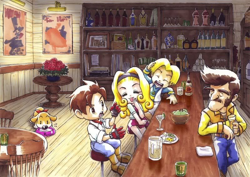 1girl, 3boys, blonde_hair, brown_eyes, brown_hair, cropped_jacket, griffin_(harvest_moon), harvest_moon, jack_(harvest_moon), muffy_(harvest_moon), multiple_boys, official_art, rock_(harvest_moon)