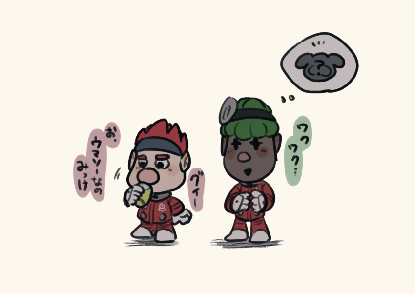 +_+, 2boys, ?, large_nose, black_eyes, black_headband, blue_headband, buttons