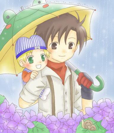2boys, artist_request, blonde_hair, brown_eyes, brown_hair, green_eyes, harvest_moon, jack_(harvest_moon)
