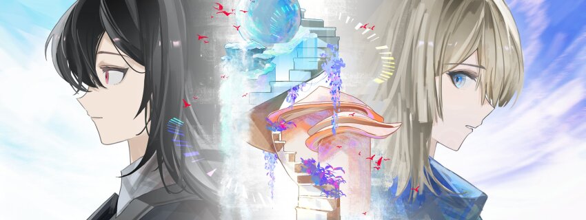 2girls, bird, black_hair, black_jacket, blonde_hair, blue_eyes, ex_astris, from_side