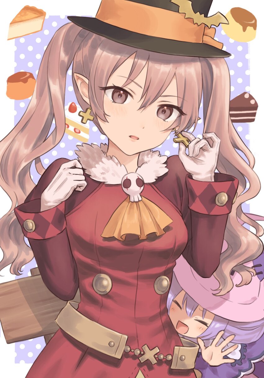 2girls, ascot, bloomers, bloomers_pull, clinging, cross, cross_earrings, dolce_(rune_factory), earrings, fur_collar, hat, highres, jewelry, multiple_girls, orange_ascot, pico_(rune_factory), pointy_ears, rune_factory, rune_factory_4, skull, tanabe_rf, top_hat, underwear