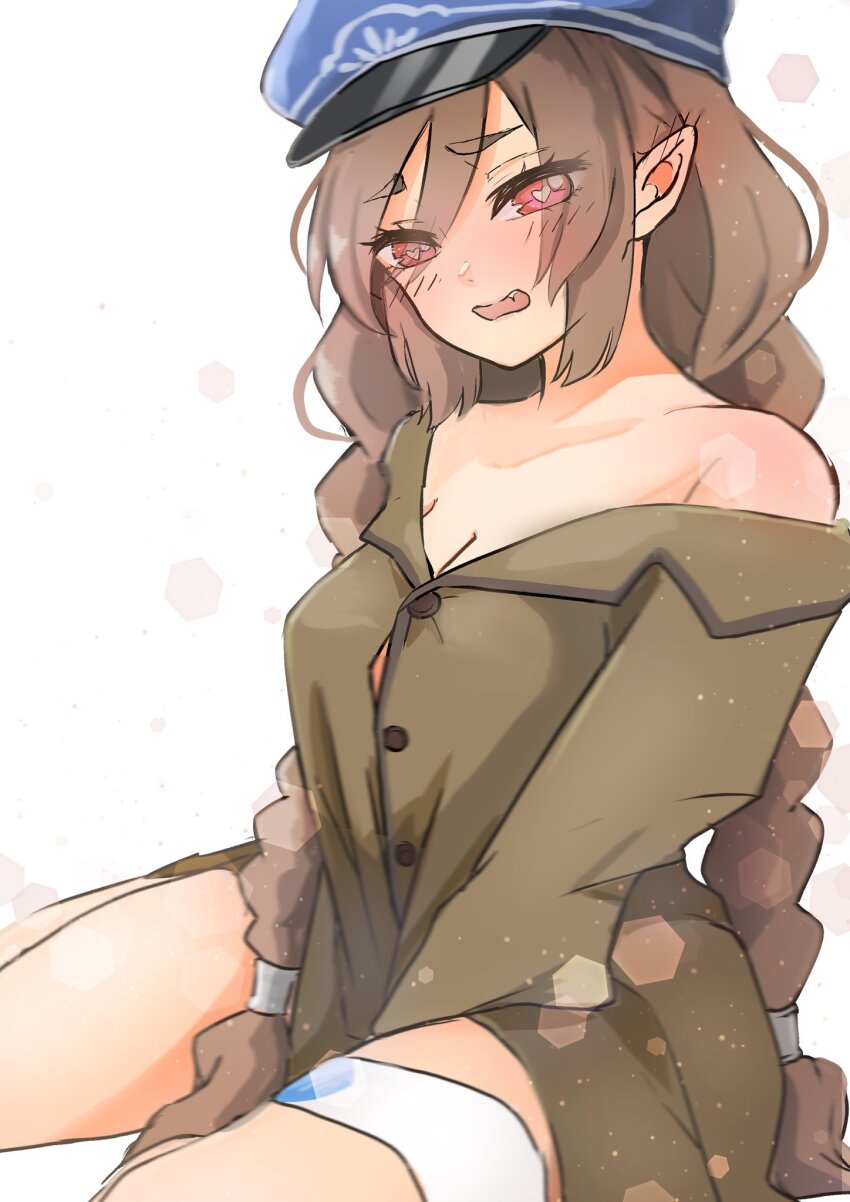 braid, brown_pajamas, highres, looking_at_viewer, low_twin_braids, low_twintails, ludmila_(rune_factory), mugi_gol, open_mouth, pajamas, pointy_ears, purple_eyes, rune_factory, rune_factory_5, single_bare_shoulder, symbol-shaped_pupils, twin_braids, twintails