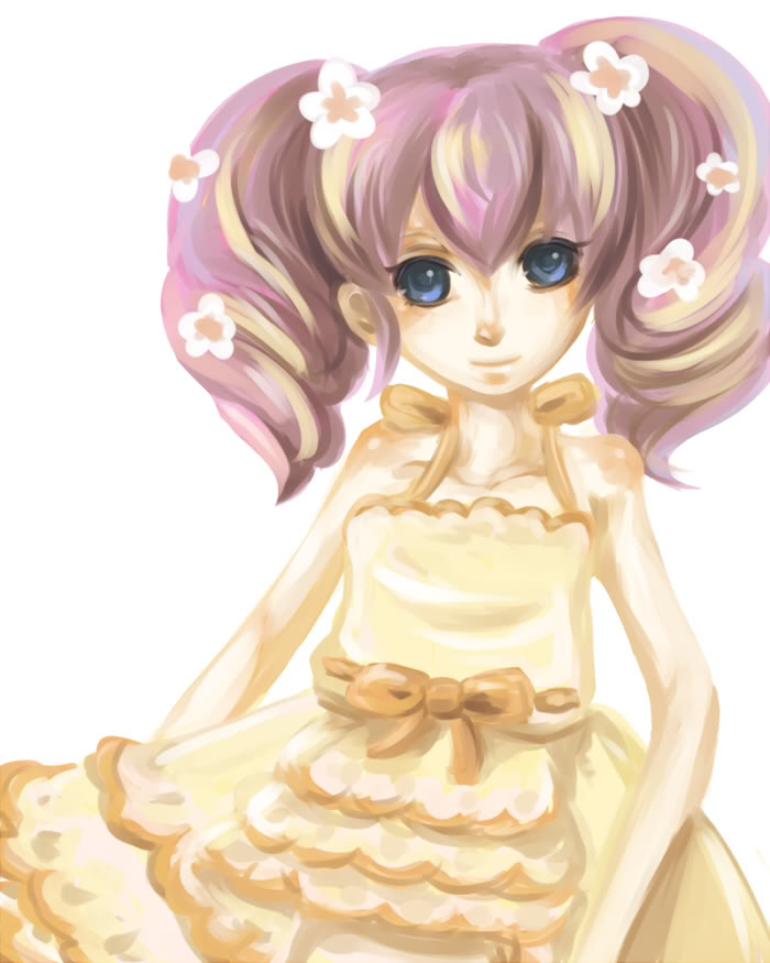 1girl, artist_request, blue_eyes, female_focus, harvest_moon, pink_hair, roomi_(bokujou_monogatari), simple_background