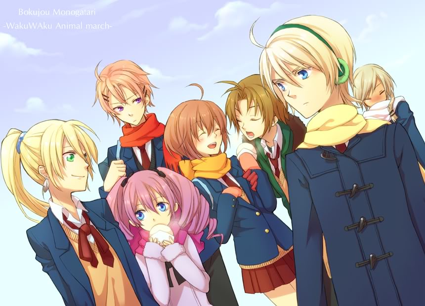 3girls, 4boys, ahoge, antenna_hair, artist_request, beige_hair, blonde_hair, blue_eyes, blush, brown_hair, cathy_(bokujou_monogatari), chihaya_(bokujou_monogatari), closed_eyes, gale_(harvest_moon), gill_(bokujou_monogatari), green_eyes, harvest_moon, hikari_(bokujou_monogatari), multiple_boys, multiple_girls, orange_hair, pink_hair, ponytail, purple_eyes, roomi_(bokujou_monogatari), school_uniform, twintails, winter, yuuki_(bokujou_monogatari)