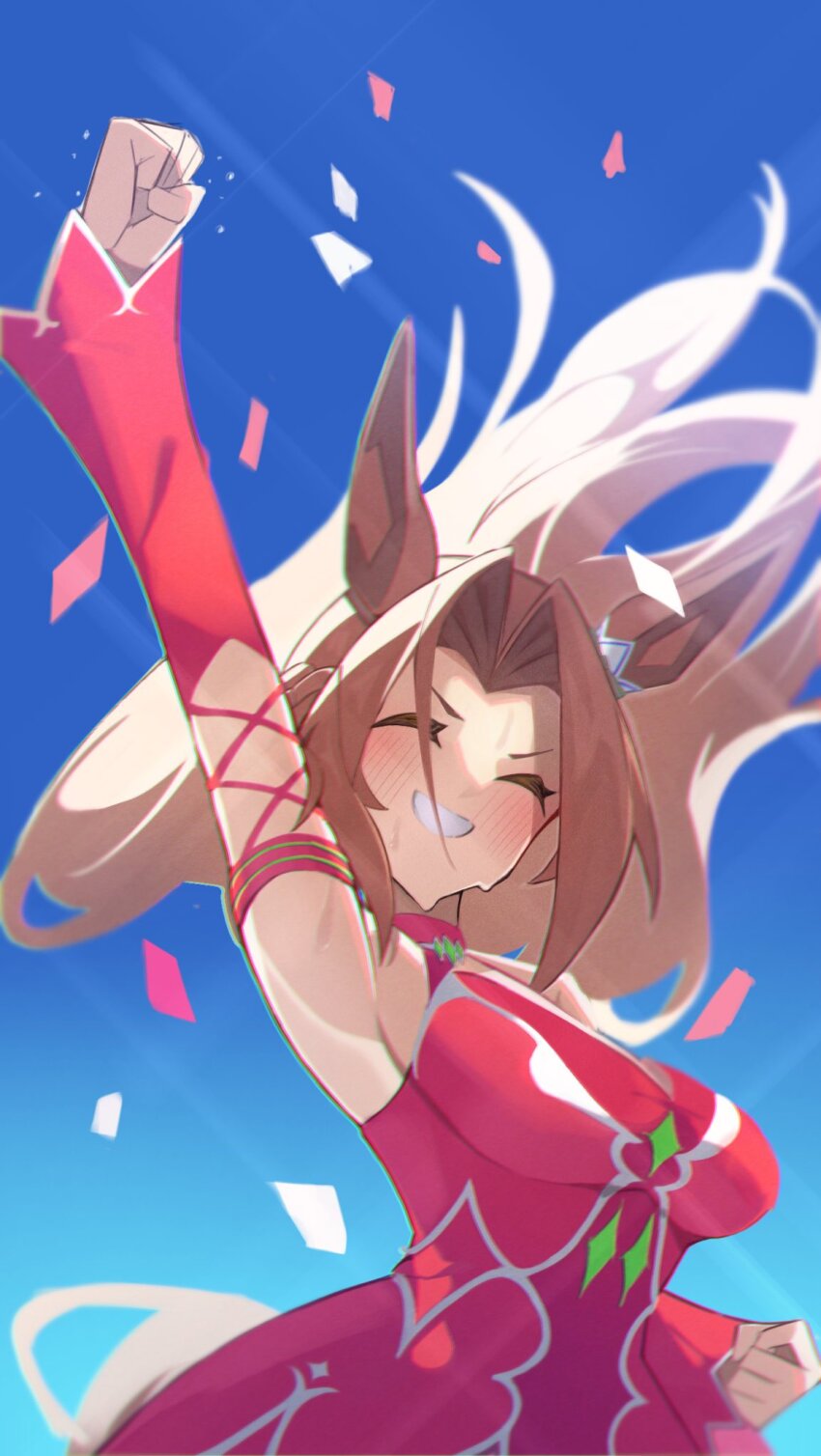 1girl, animal_ears, arm_up, armpits, blue_sky, blush, breasts, brown_hair