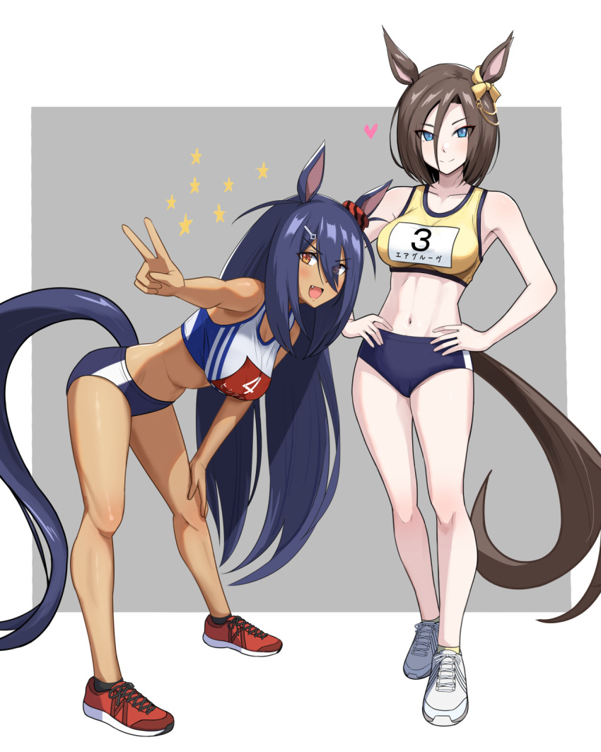 2girls, air_groove_(umamusume), alternate_costume, animal_ears, bare_arms, bare_shoulders, bent_over, black_socks, blue_eyes, blue_hair, bow, breasts, brown_hair, buruma, caitlyn0104, closed_mouth, crop_top, dark-skinned_female, dark_skin, ear_bow, fang, full_body, hair_ornament, hairclip, hands_on_own_hips, heart, highres, hishi_amazon_(umamusume), horse_ears, horse_girl, horse_tail, long_hair, looking_at_viewer, medium_breasts, midriff, multiple_girls, navel, open_mouth, orange_hair, race_bib, red_shoes, shoes, short_hair, smile, sneakers, socks, sparkle, standing, star_(symbol), tail, tank_top, umamusume, v, white_shoes