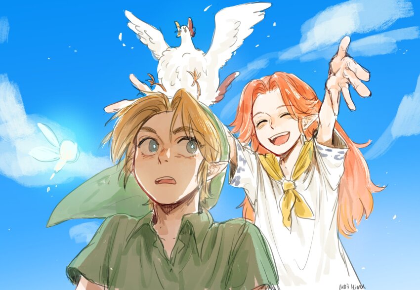 1boy, 1girl, blonde_hair, blue_eyes, blue_sky, brown_hair, closed_eyes, cloud, commentary_request, cucco, green_tunic, highres, himu_zelda, korean_commentary, link, long_hair, malon, nintendo, outdoors, pointy_ears, sky, smile, teeth, the_legend_of_zelda, the_legend_of_zelda:_link's_awakening, tunic, upper_teeth_only