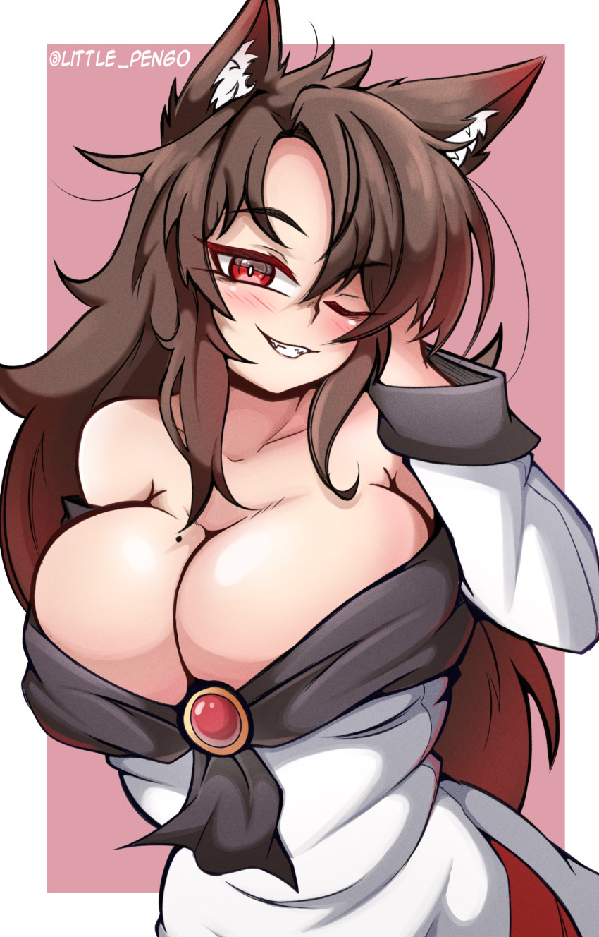1girl, absurdres, animal_ears, blush, breasts, brown_hair, cleavage, commentary