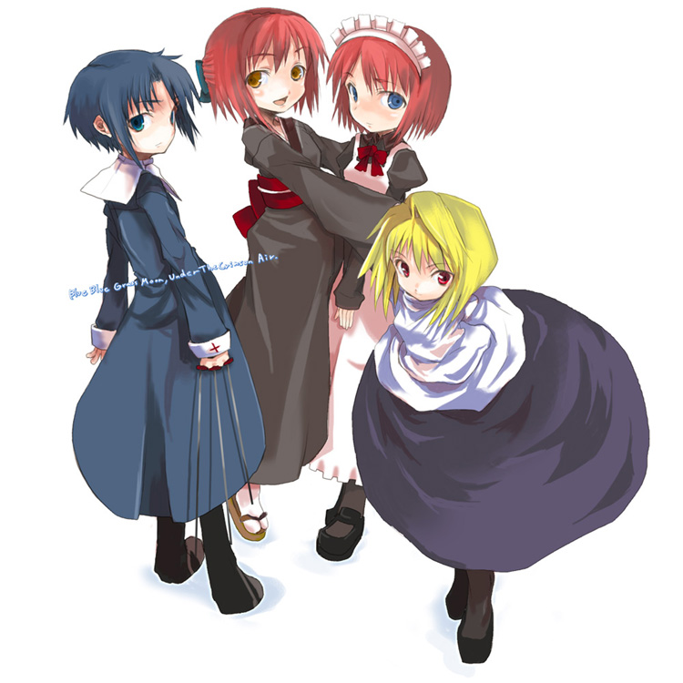 00s, 4girls, apron, arcueid_brunestud, bad_anatomy, bad_perspective, bad_proportions, between_fingers, blonde_hair, blue_dress, blue_eyes, blue_hair, bow, ciel_(tsukihime), cross, dress, full_body, habit, hair_bow, hisui_(tsukihime), holding, hug, japanese_clothes, kimono, kohaku_(tsukihime), leaning_forward, long_skirt, long_sleeves, looking_at_viewer, looking_back, maid, maid_apron, maid_headdress, multiple_girls, obi, obscur, pantyhose, poorly_drawn, purple_skirt, red_eyes, red_hair, sandals, sash, short_hair, siblings, simple_background, sisters, skirt, standing, sweater, tsukihime, turtleneck, twins, yellow_eyes, zouri