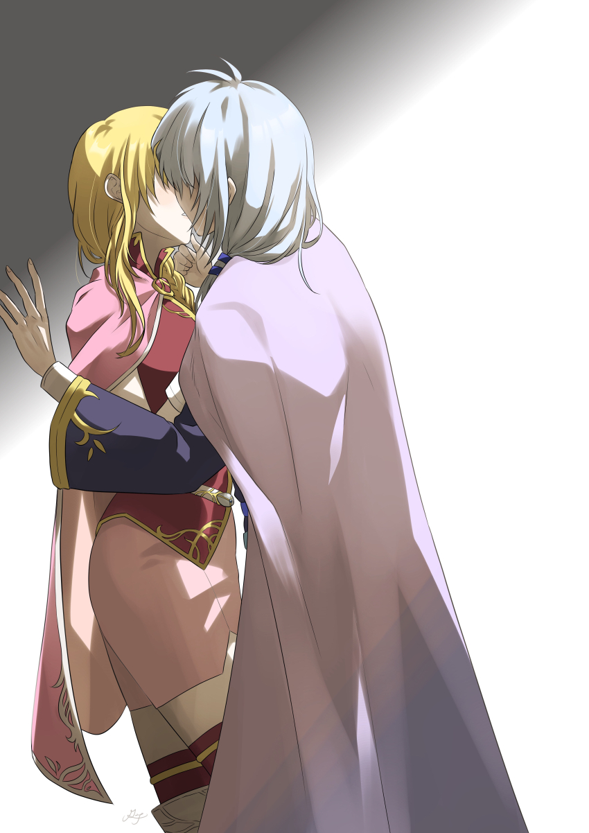 1boy, 1girl, absurdres, blonde_hair, braid, cape, commentary_request, couple