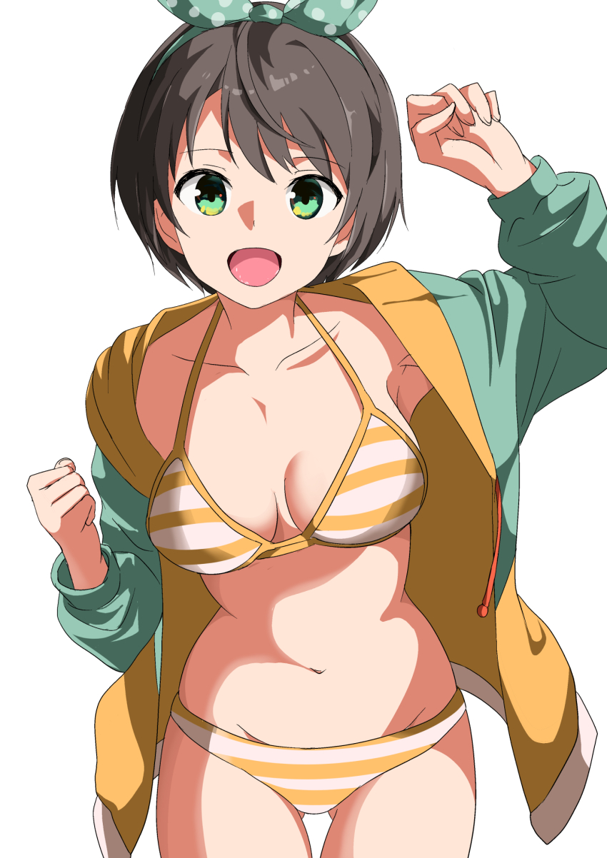 bikini, black_hair, blue_jacket, breasts, cowboy_shot, green_eyes, hair_ribbon, highres