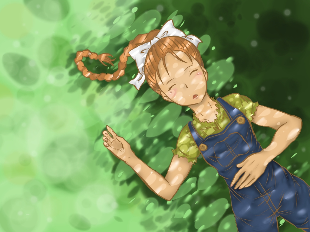 1girl, artist_request, brown_hair, closed_eyes, female_focus, harvest_moon, overalls, ran_(bokujou_monogatari)