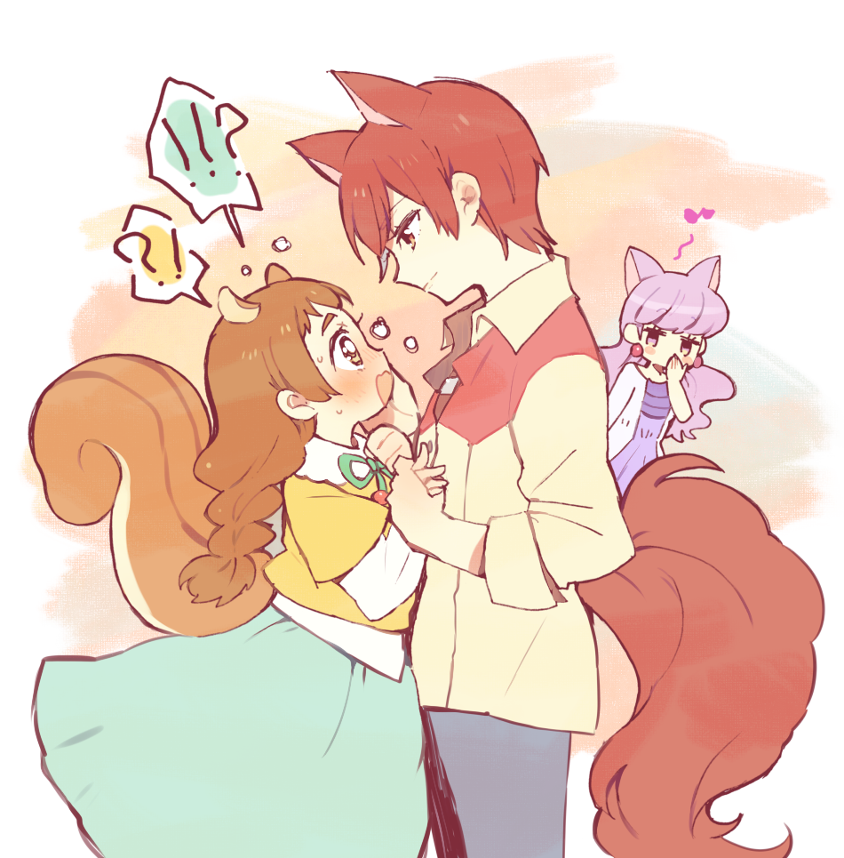 !?, 3girls, animal_ears, arisugawa_himari, black_shirt, blush_stickers, butch/femme_couple, buttons