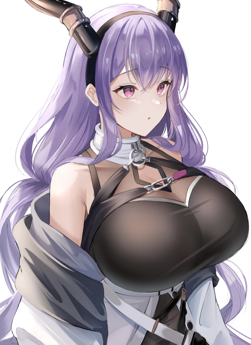 1girl, :o, absurdres, arknights, black_hairband, breasts, coat, hairband