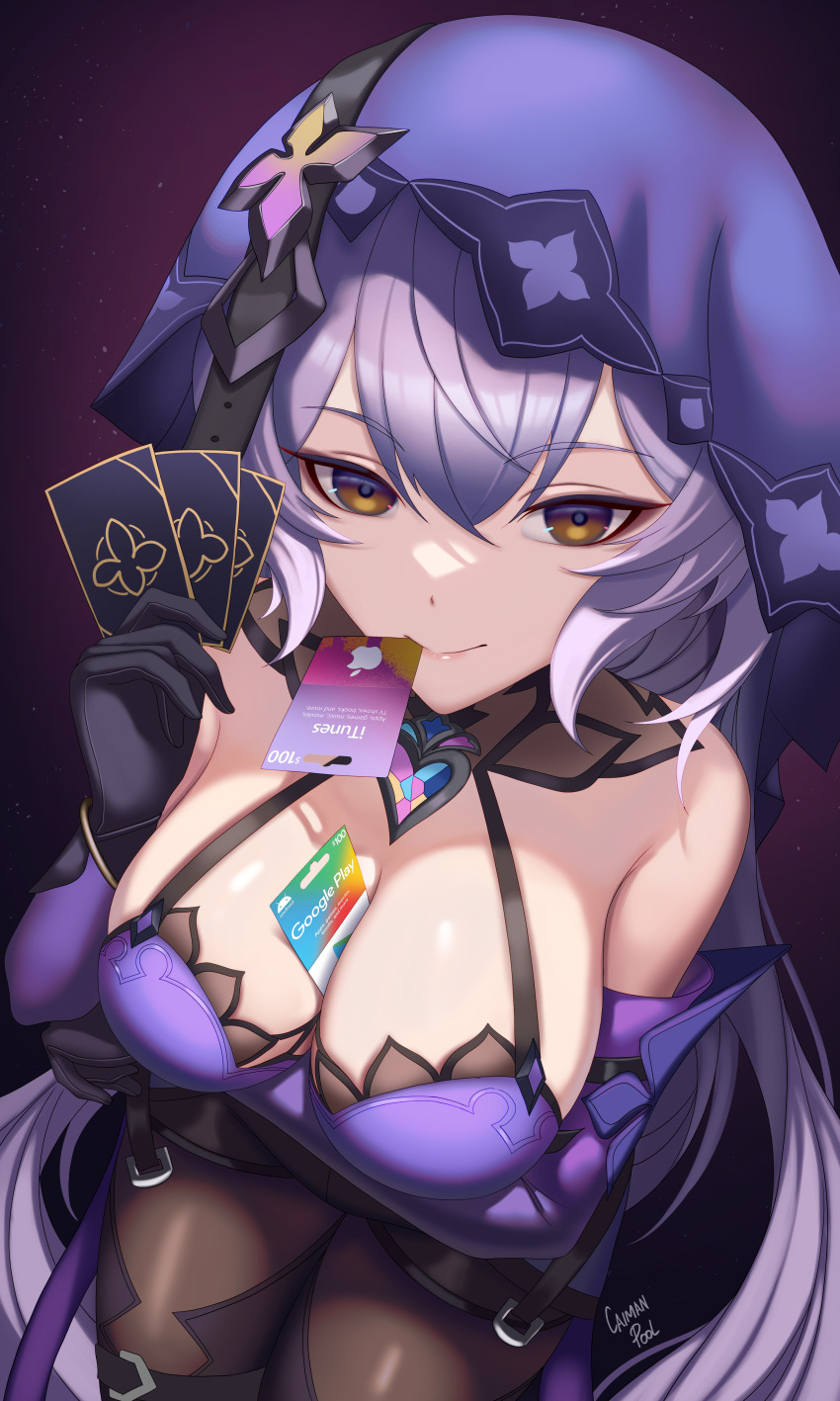 1girl, absurdres, apple_inc., bare_shoulders, between_breasts, black_gloves, black_swan_(honkai:_star_rail), breasts