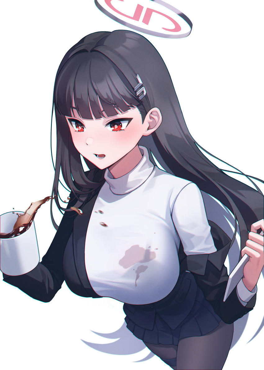 1girl, absurdres, black_hair, black_pantyhose, blue_archive, blunt_bangs, breasts, bright_pupils