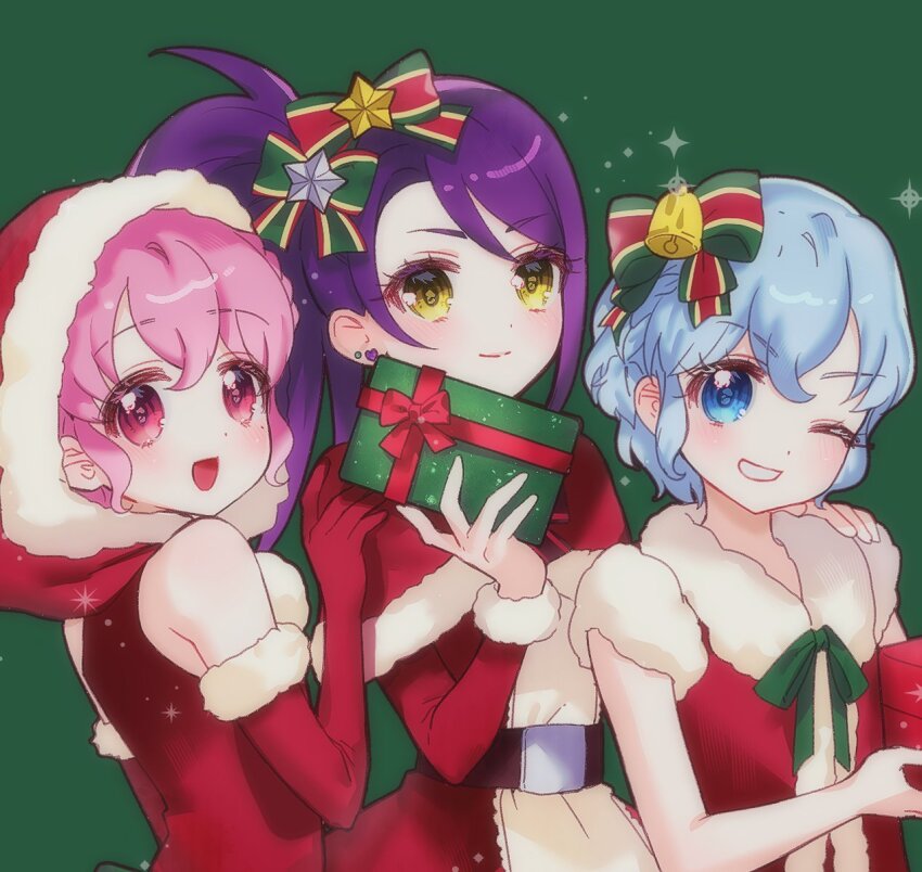 1boy, ;d, bell, blue_eyes, blue_hair, box, brother_and_sister, capelet