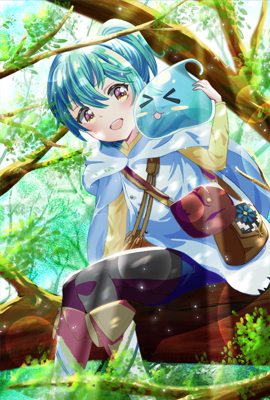 >3<, 1girl, 1other, at_kiwi, bag, black_pants, cloak, creature